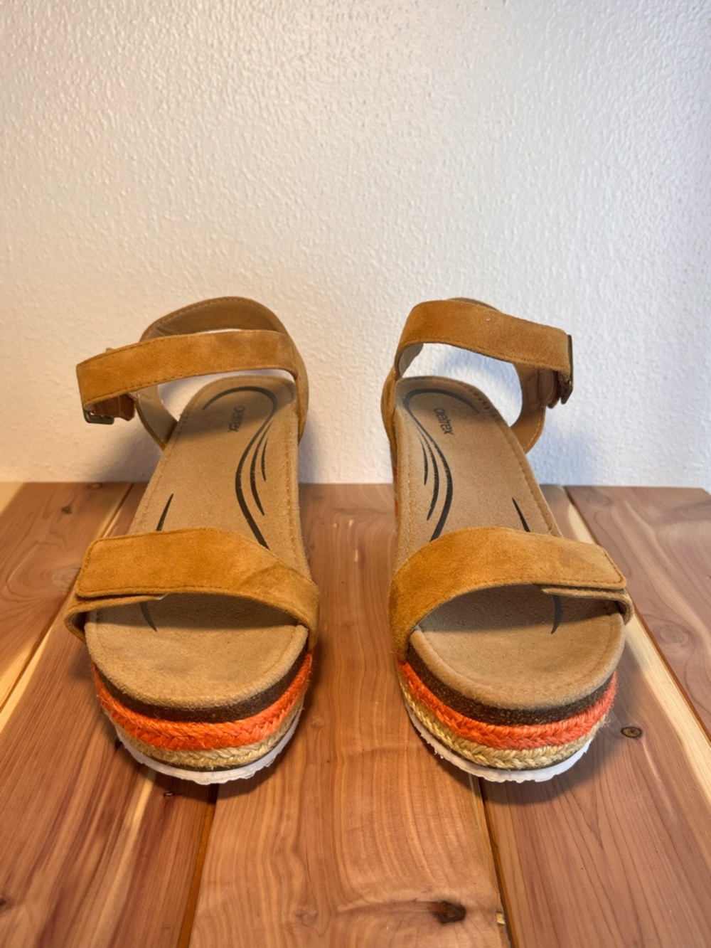 Suede Ankle-Strap Platform Sandals in Cognac with Orange Accent